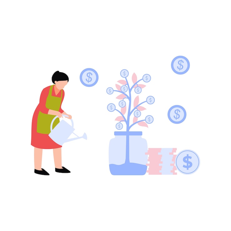 Vector the girl is watering the dollar plant