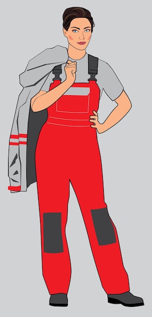 The girl is in a working red overalls figure in full growth