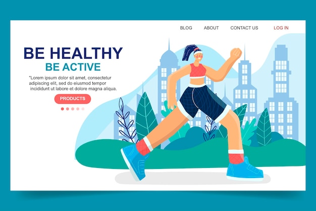 Girl jogging, running. active, healthy lifestyle. proper nutrition and sports. hand drawn modern landing page