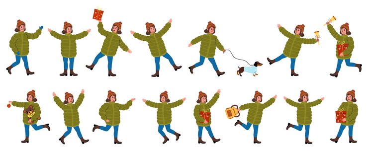 Vector girl joyfully celebrating and engaging in festive activities while wearing a green coat