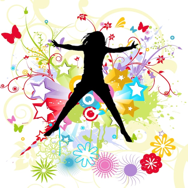 A girl jumping in the air with flowers and butterflies on the background