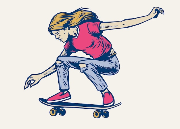 손으로 그린 스타일로 스케이트보드 위에서 점프하는 소녀