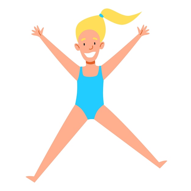 Vector the girl jumps with her legs and arms wide apart happy baby in a swimsuit