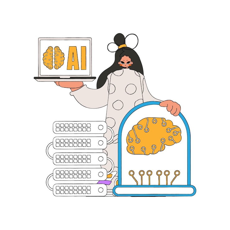 Vector girl keeping ai server, vector illustration