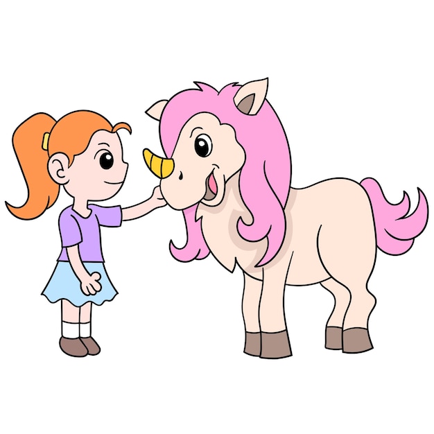 Una ragazza tiene il suo pony preferito, illustrazione vettoriale. scarabocchiare icona immagine kawaii.