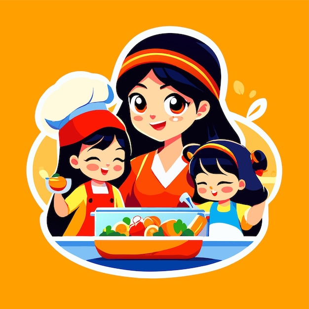 Vector girl kid chef cooking kitchen hand drawn flat stylish cartoon sticker icon concept isolated