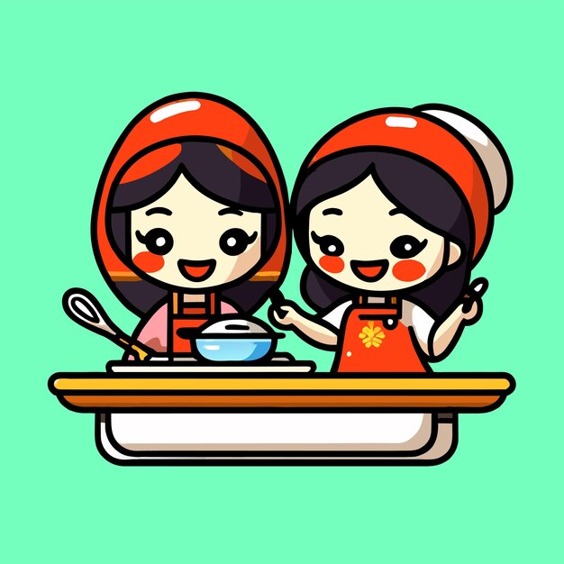 Girl kid chef cooking kitchen hand drawn flat stylish cartoon sticker icon concept isolated