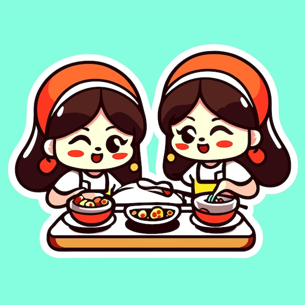 Girl kid chef cooking kitchen hand drawn flat stylish cartoon sticker icon concept isolated