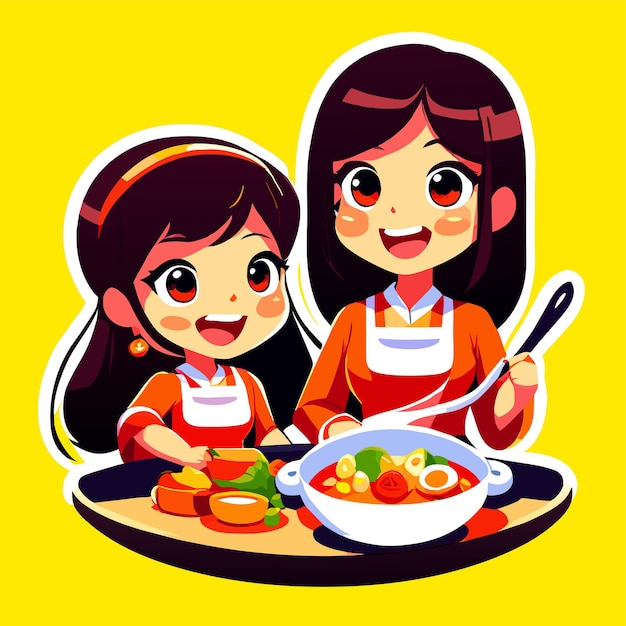 Girl kid chef cooking kitchen hand drawn flat stylish cartoon sticker icon concept isolated