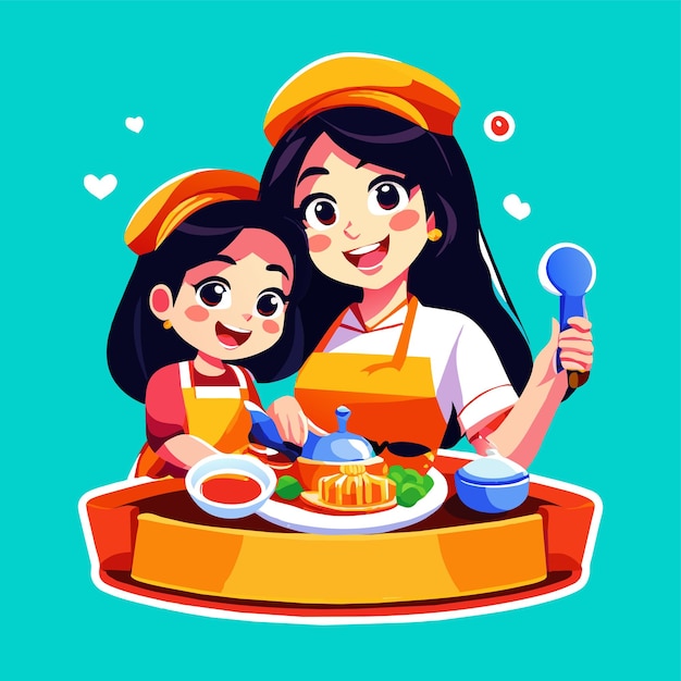 Girl kid chef cooking kitchen hand drawn flat stylish cartoon sticker icon concept isolated