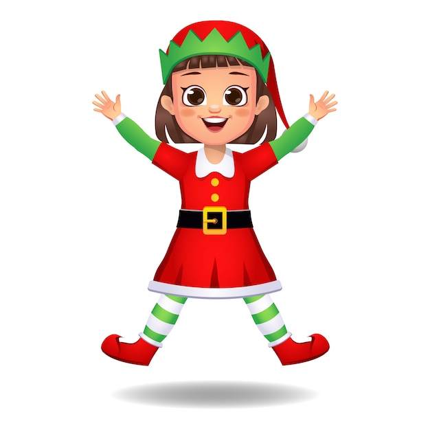 Girl kid in elf dress jumping