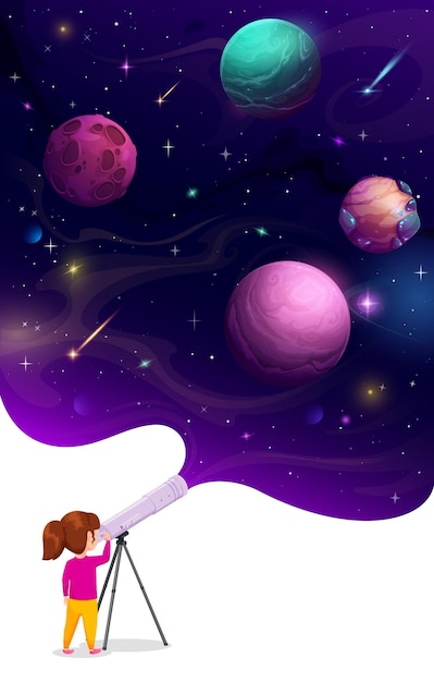 Vector girl kid looking in telescope at space planets in sky galaxy planetary astronomy vector background girl observing outer space in telescope with alien planets and asteroids in starry galactic sky