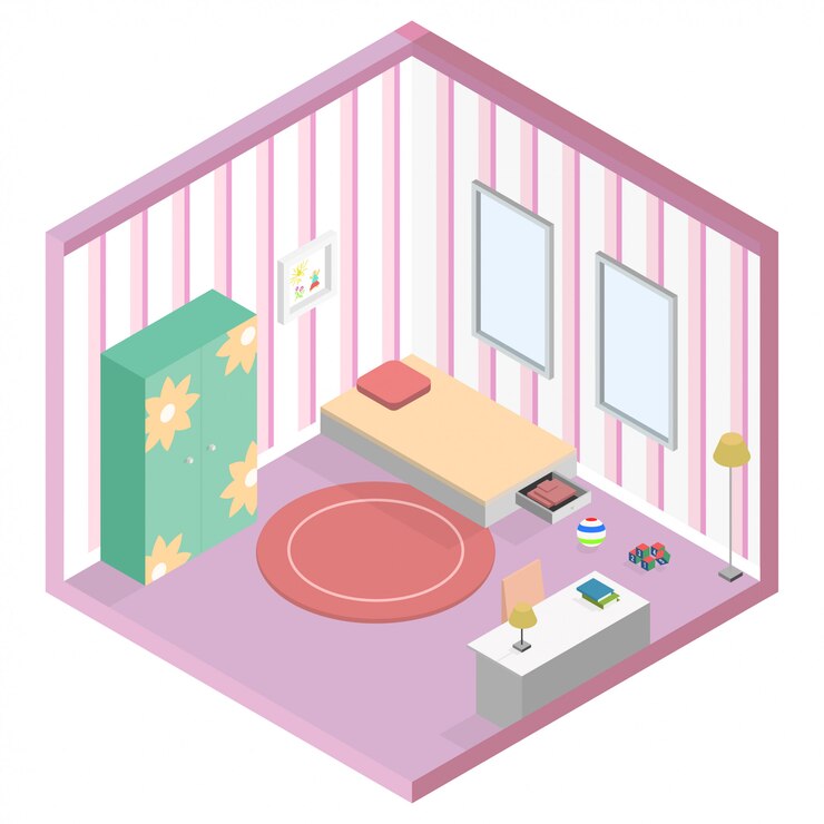Vector 소녀 아이 방 아이소 메트릭 그림 침실