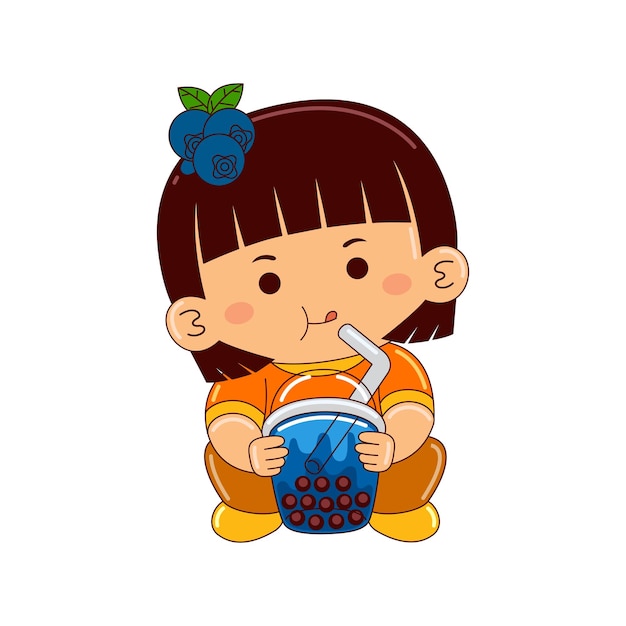 girl kids drinking iced blueberry bubble tea
