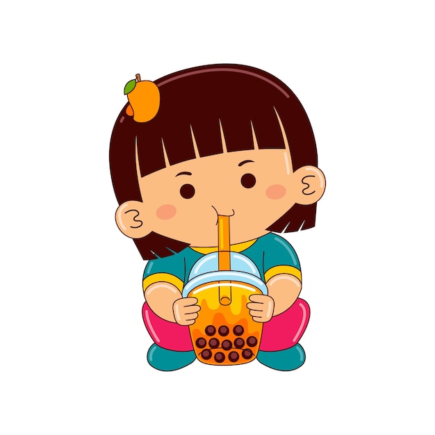girl kids drinking iced bubble mango tea