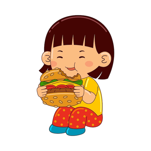 girl kids eating burger vector illustration