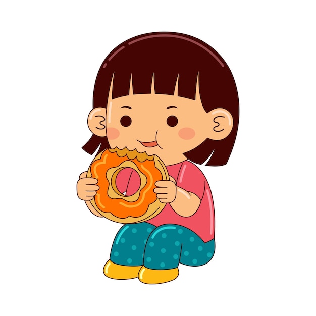 girl kids eating donut vector illustration