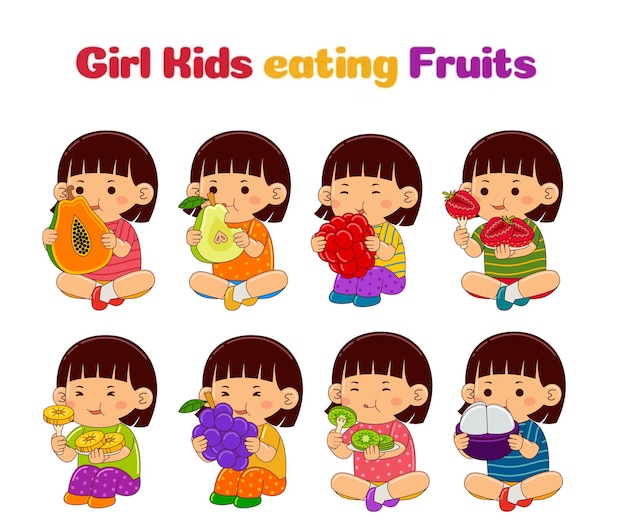 Girl Kids eating Fruits vector Pack