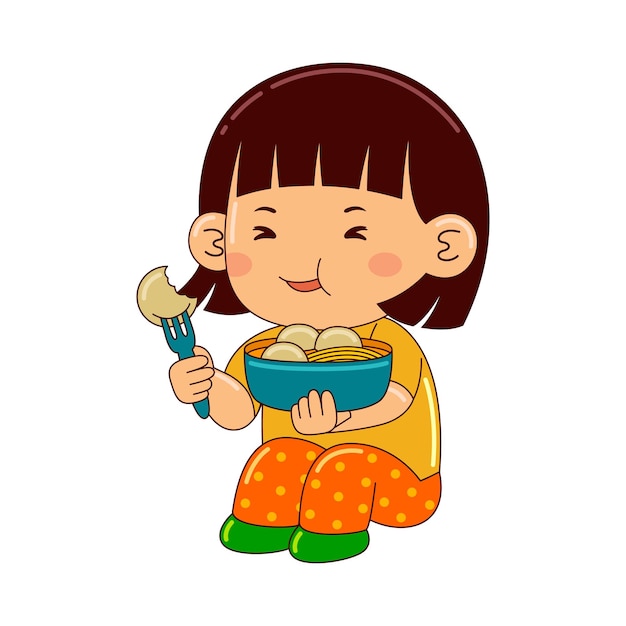 girl kids eating meat ball vector illustration