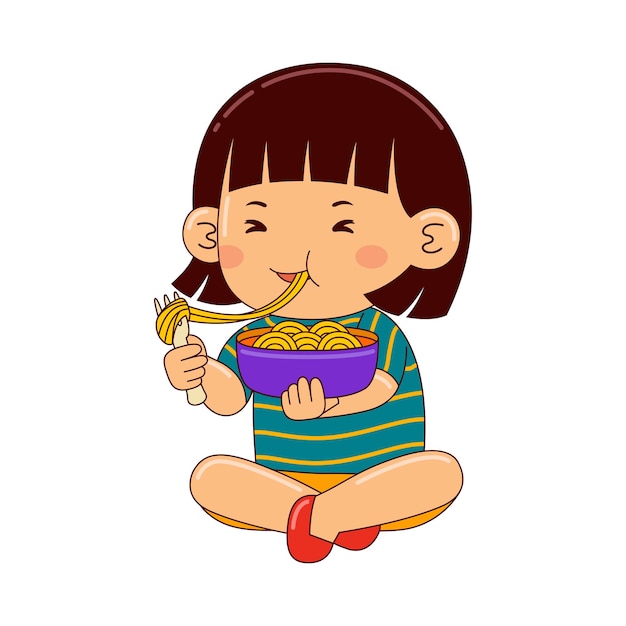 girl kids eating noodle vector illustration