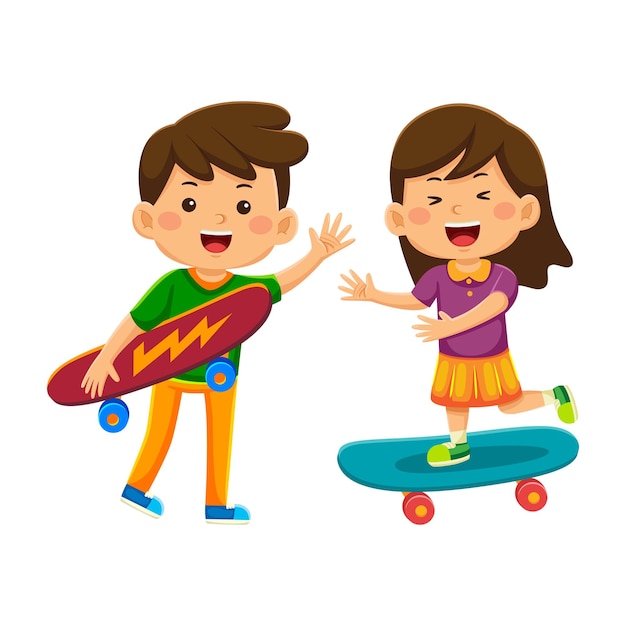 girl kids playing skateboard in vector illustration