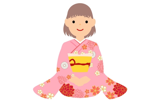 床に座って新年を迎える着物振袖の女の子