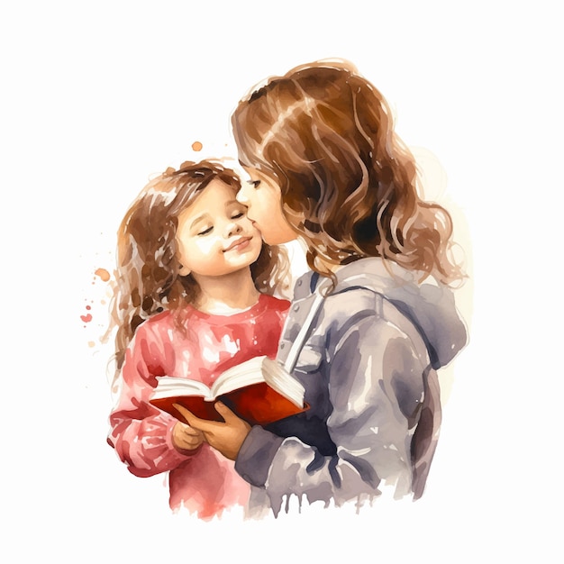 Girl kissing her sister watercolor paint