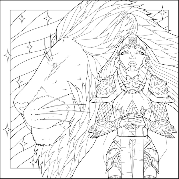 Vector girl knight on the background of a lion