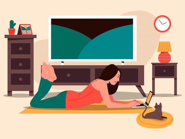 Vector girl lay on the floor with laptop  illustration