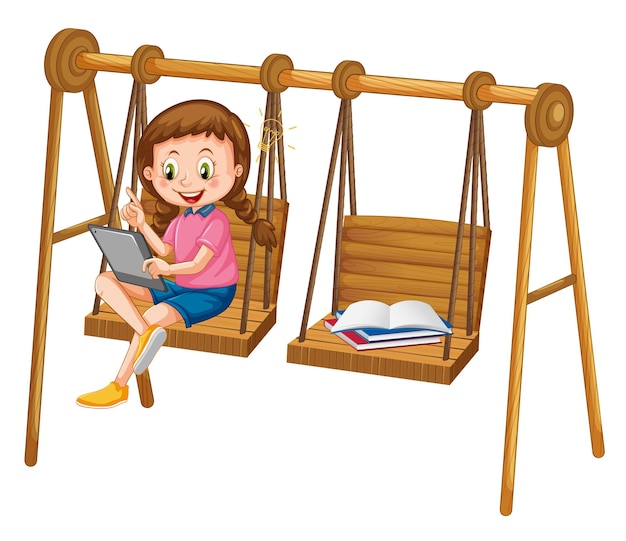 Vector girl leaning online with tablet on swing chair