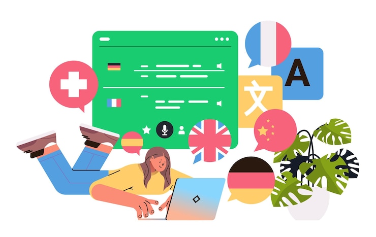 Vector girl learning language on laptop online education e-learning concept horizontal