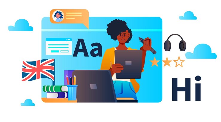 Vector girl learning language on laptop online education e-learning concept horizontal