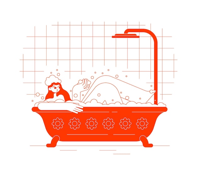 Girl lies in the foam in a red bath with a shower