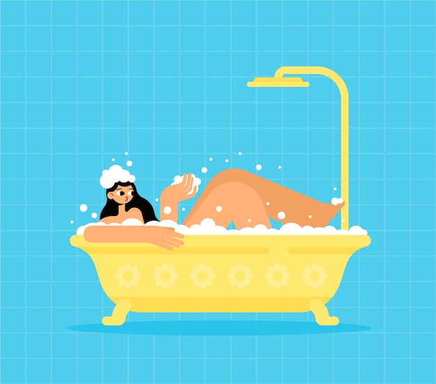 girl lies in the foam in a yellow bath with a shower