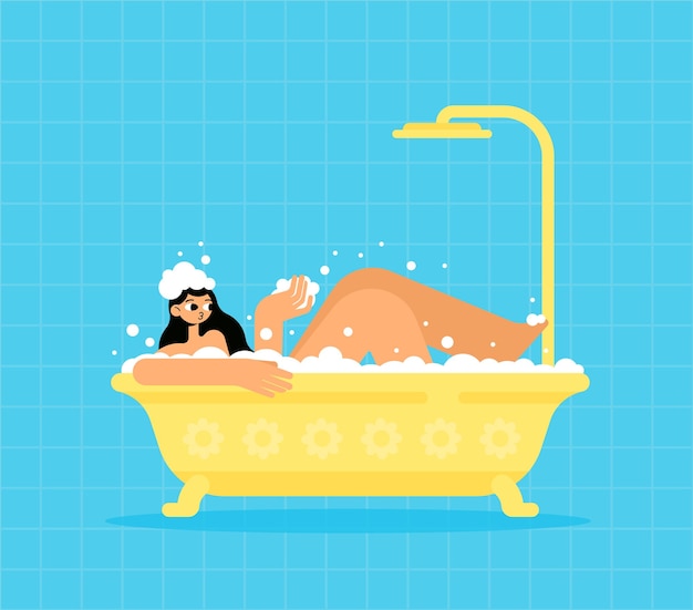 Girl lies in the foam in a yellow bath with a shower