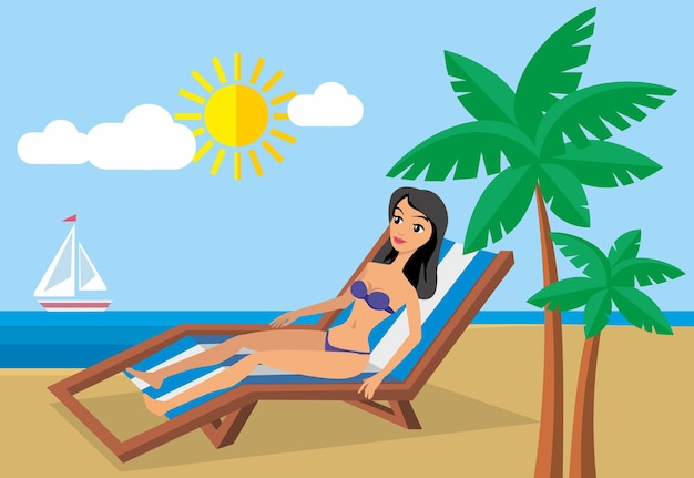 girl lies on sun lounger flat illustration