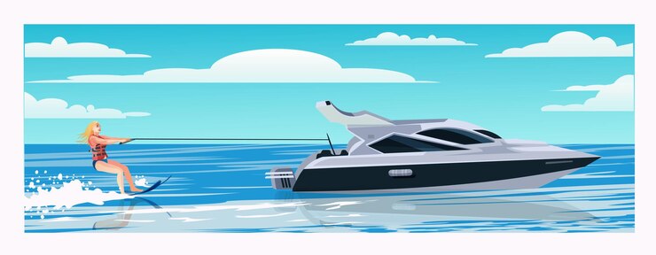 Vector a girl in a life jacket is water skiing on the waves. beautiful modern yacht, cruising small boat. pretty woman, girl water skiing, enjoying summer water activities, cartoon vector illustration.