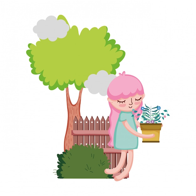 Vector girl lifting houseplant with fence and tree