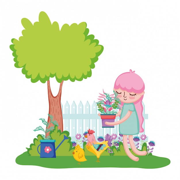 Vector girl lifting houseplant with rooster in the garden