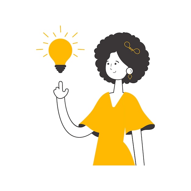 Vector girl and light bulb idea concept vector illustration isolated line art style