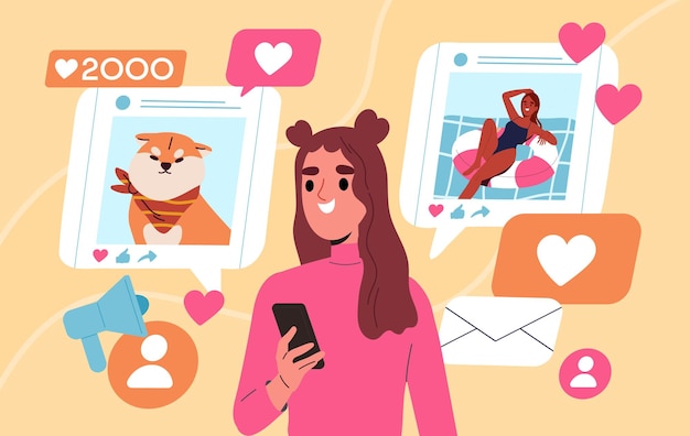 Девочка, как пост в социальных сетях Женщина с интересным контентом в интернете Развлечение и веселье Активный пользователь социальных сетей Карикатура плоская векторная иллюстрация изолирована на желтом фоне