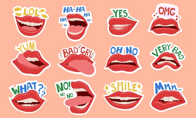 Girl lips stickers realistic mouth opened or halfclosed white teeth and tongue out emotions expressing and short phrases print for textile or web messenger template vector set