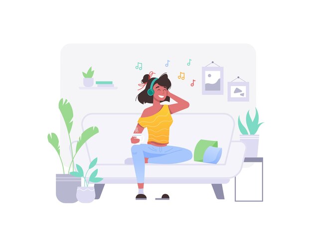 Vector girl listen music on coach sofa at home in headphones