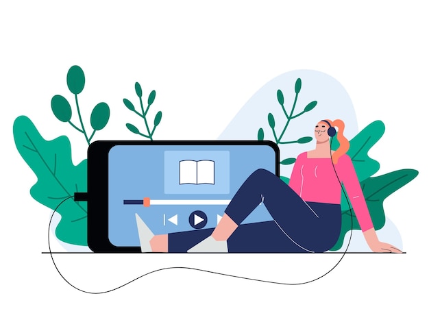 Girl listen music or web podcast in headphones Smartphone online library young woman relax audio book Sapid digital technologies in life vector concept of podcast online on smartphone illustration