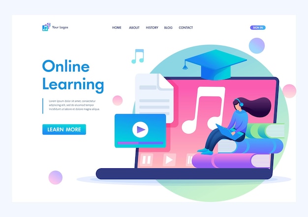 Girl listening to audio lessons online training Flat 2D character Landing page concepts and web design