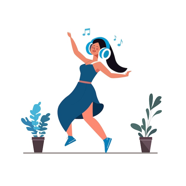 Vector girl listening and dancing to music