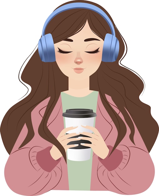girl listening to music and drinking coffee