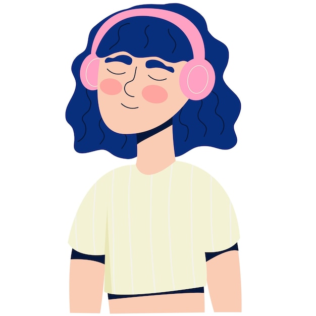 Vector girl listening music in headphones or earphones cute young teenager with headphones