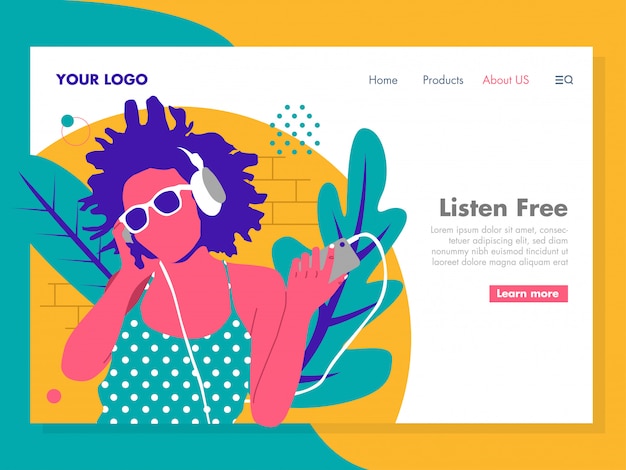 Girl listening music illustration for landing page