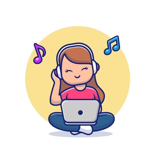 Girl Listening Music With Headphone And Laptop Cartoon   Icon Illustration. People Music Icon Concept Isolated  . Flat Cartoon Style